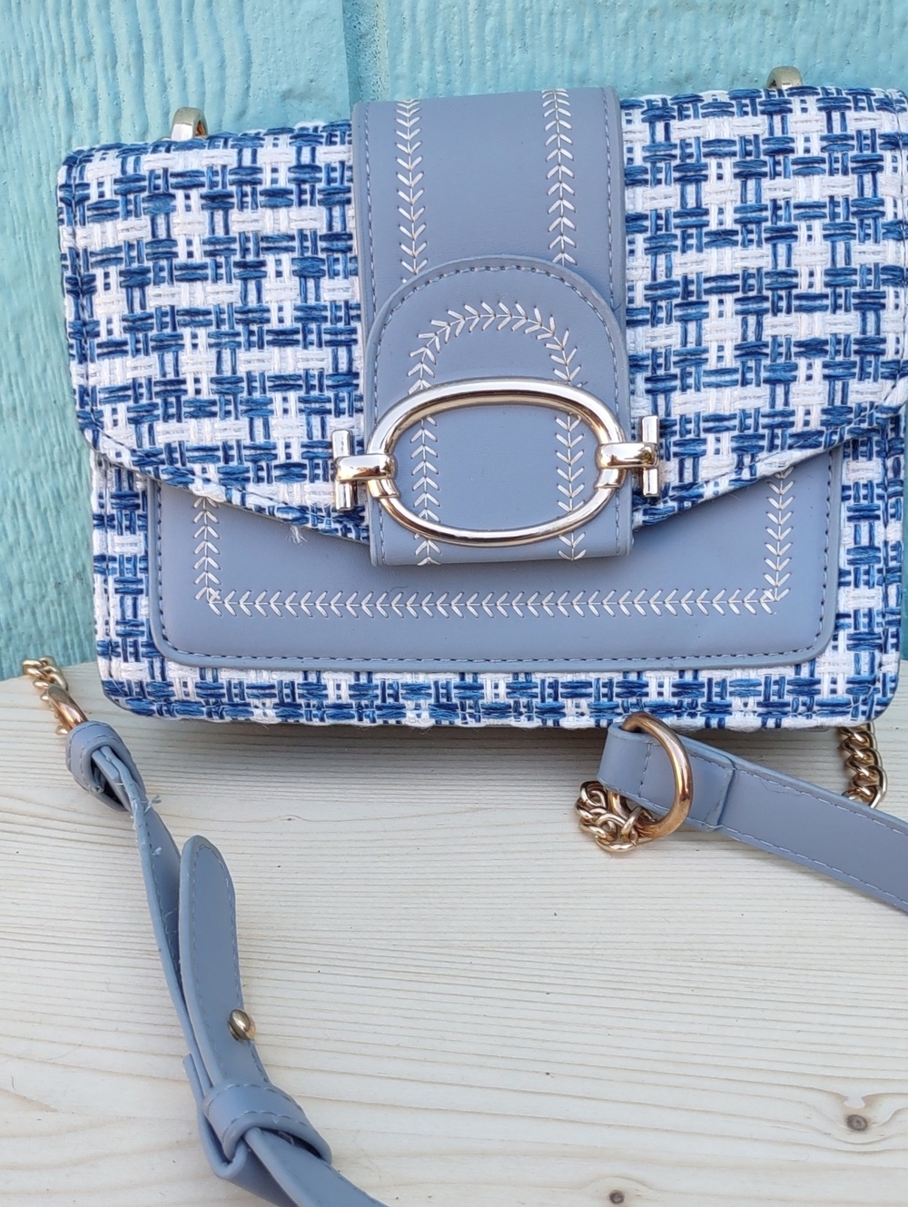 Stylish Blue Tweed Crossbody Bag with Pale Blue Leather Trim
